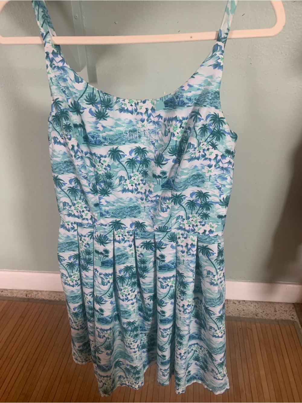 Tropical Print Sundress Y2K made in USA palms blue waves size small zipper back